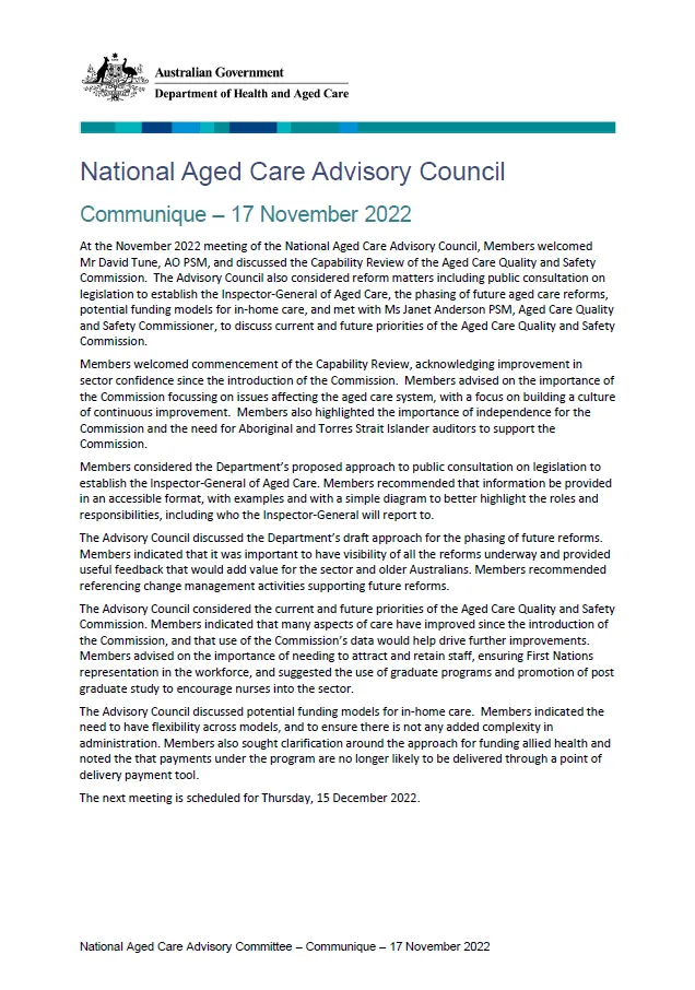 National Aged Care Advisory Council communique – November 2022