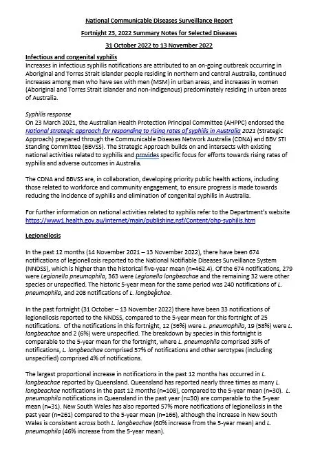 National Notifiable Diseases Surveillance System (NNDSS) fortnightly reports – 31 October to 13 November 2022