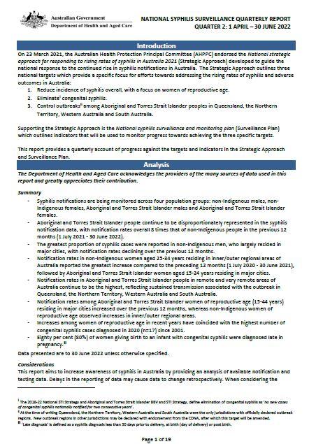 National syphilis surveillance quarterly report – 1 April to 30 June 2022