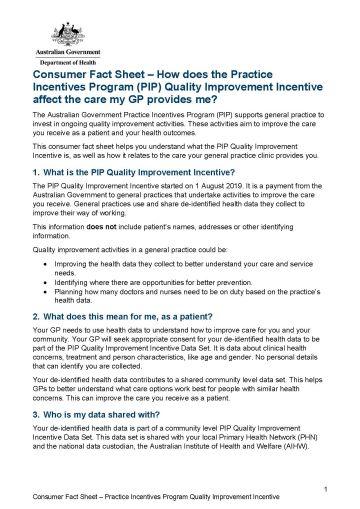 Cover image for Practice Incentives Program Quality Improvement Incentive – Consumer fact sheet