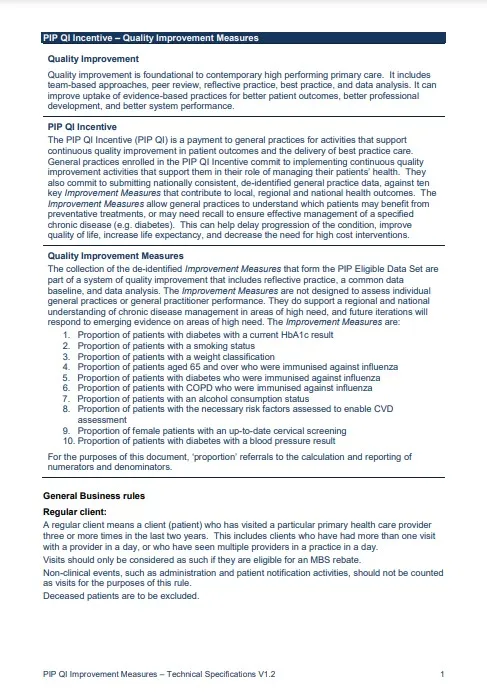 Cover for Practice Incentives Program quality improvement –Technical specifications