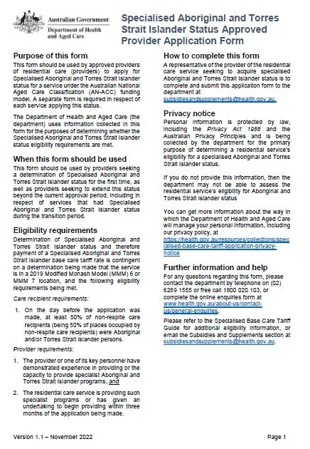 Cover image Specialised Aboriginal and Torres strait Islander status approved provider application form