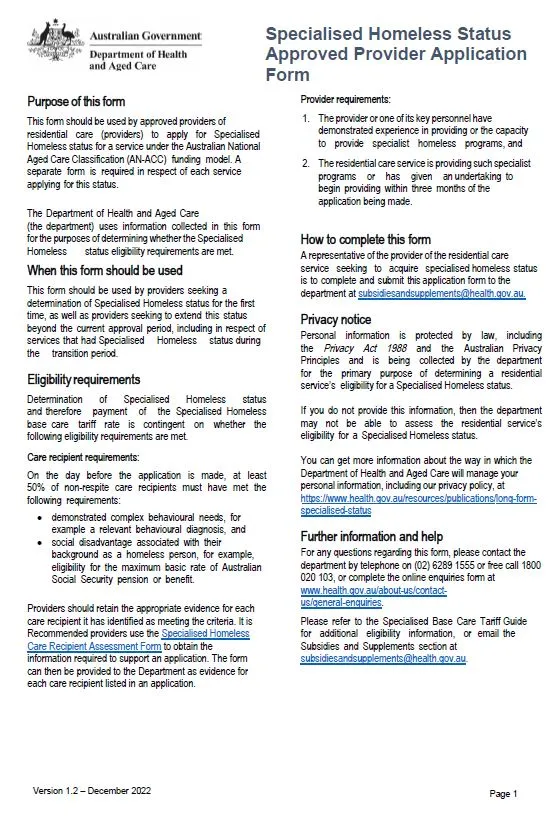 Cover page Specialised homeless status approved provider application form