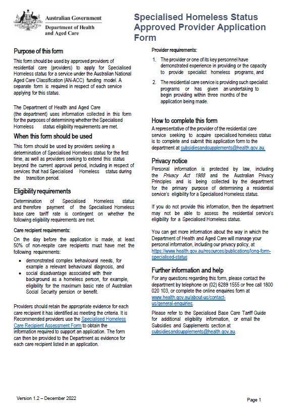 Cover page Specialised homeless status approved provider application form
