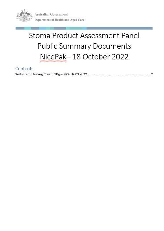 Cover image Stoma Product Assessment Panel – Public summary document – NicePak