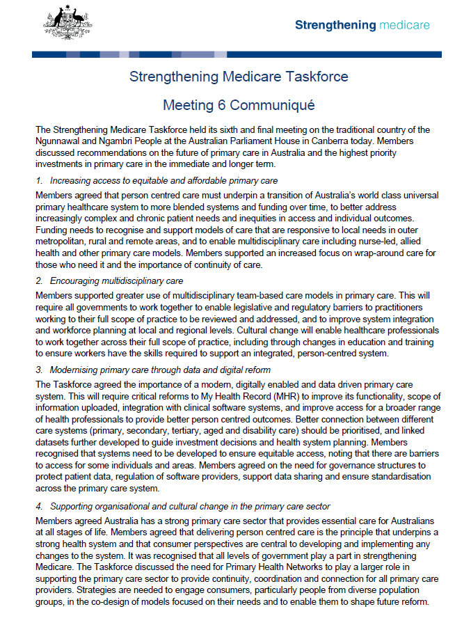 Strengthening Medicare Taskforce communique – 13 December 2022