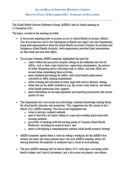 Allied Health Industry Reference Group Meeting – Summary of Outcomes