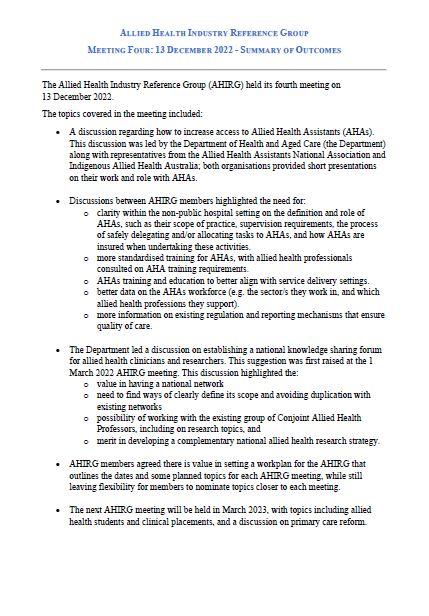 Allied Health Industry Reference Group Meeting – Summary of Outcomes