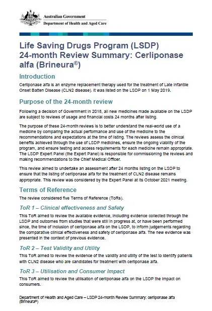 Cover page Life Saving Drugs Program (LSDP) 24-month Review Summary: Cerliponase alfa (Brineura®)