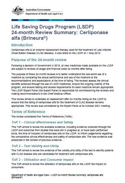 Cover page Life Saving Drugs Program (LSDP) 24-month Review Summary: Cerliponase alfa (Brineura®)