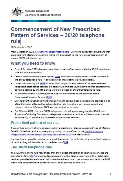 Cover page Commencement of new prescribed pattern of services 30/20 telephone rule (January 2023)