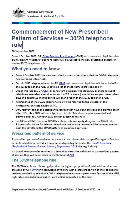 Cover page Commencement of new prescribed pattern of services 30/20 telephone rule (January 2023)