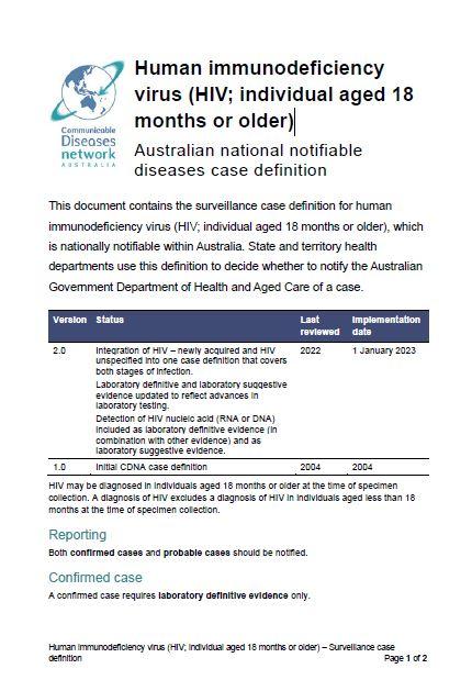 Cover page Human immunodeficiency virus (HIV; individual aged 18 months or older)