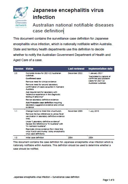Cover page Japanese encephalitis virus infection – Surveillance case definition