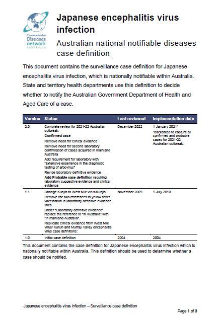 Cover page Japanese encephalitis virus infection – Surveillance case definition