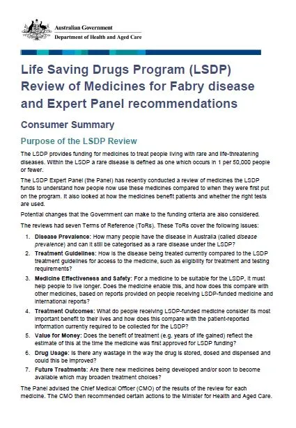 Cover page LSDP Review summary and expert panel recommendations for consumers