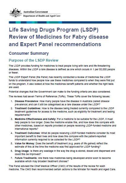 Cover page LSDP Review summary and expert panel recommendations for consumers