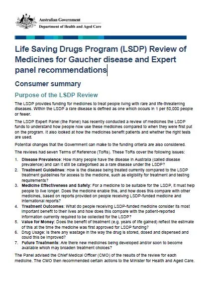 Cover page LSDP Gaucher disease – Medicines review summary for consumers