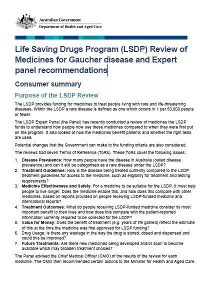 Cover page LSDP Gaucher disease – Medicines review summary for consumers
