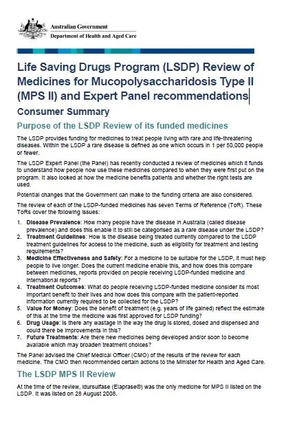 Cover page MPS II – Medicines review summary for consumers