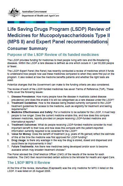 Cover page MPS II – Medicines review summary for consumers