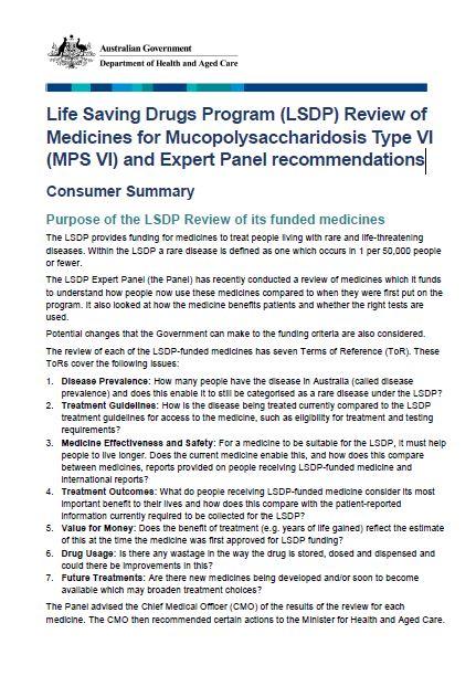 Cover page LSDP Review of Medicines for Mucopolysaccharidosis Type VI (MPS VI) and Expert Panel recommendations