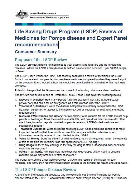Cover page Pompe disease – Medicines review summary for consumers