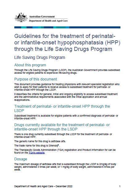 Cover page Life saving drug program perinatal or infantile onset hypophosphatasia HPP guidelines
