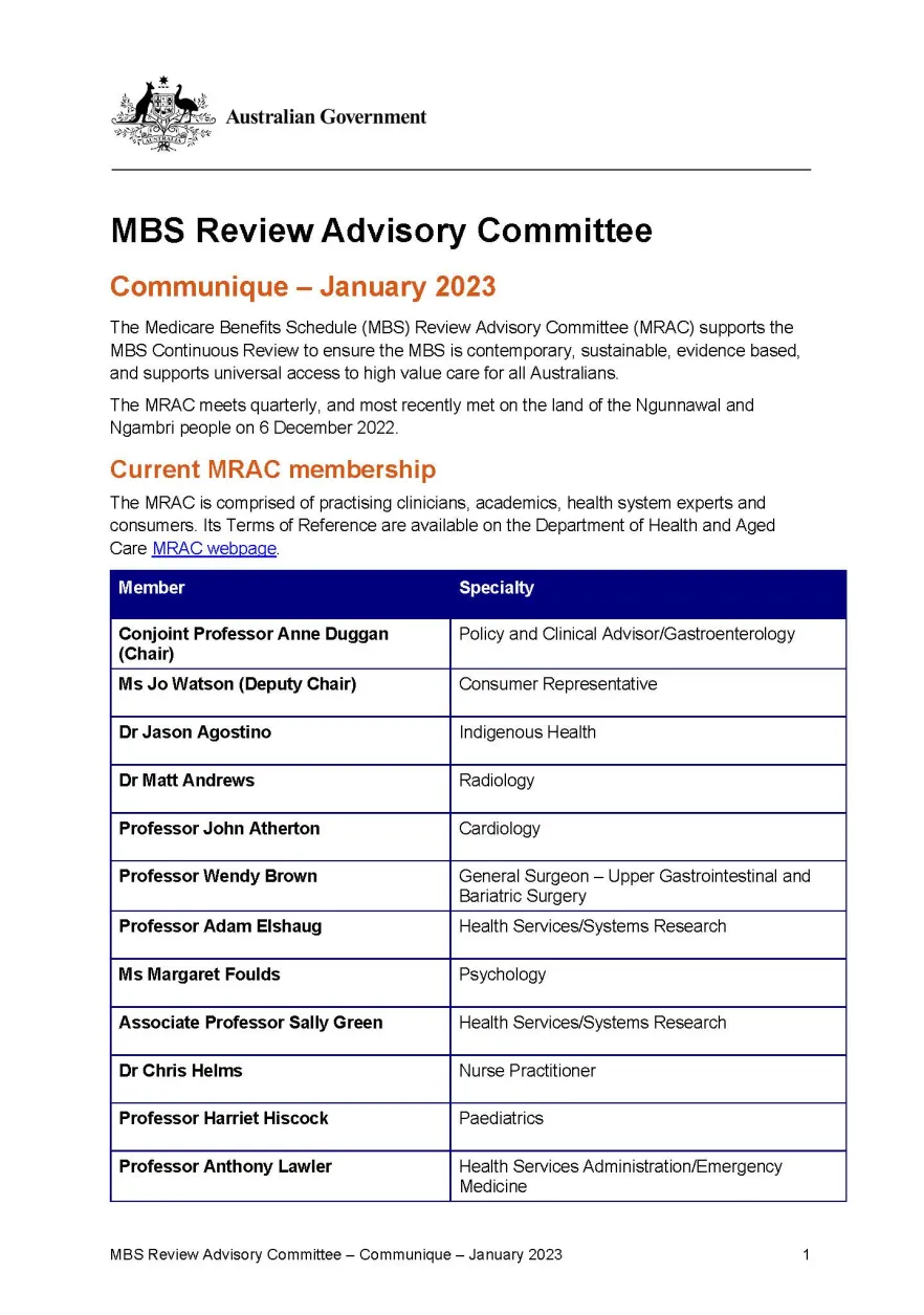 MBS Review Advisory Committee communique – January 2023