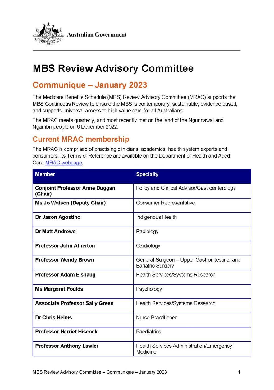 MBS Review Advisory Committee communique – January 2023