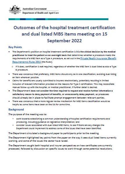 Cover page Outcomes of the hospital treatment certification