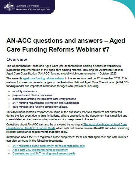Cover page for the AN-ACC questions and answers – Aged Care Funding Reforms Webinar #7