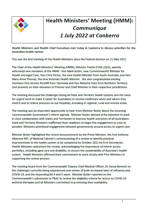 Health Ministers’ Meeting – Communique (1 July 2022)