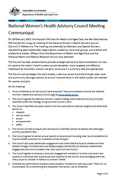Cover page National Women’s Health Advisory Council communique – 20 February 2023