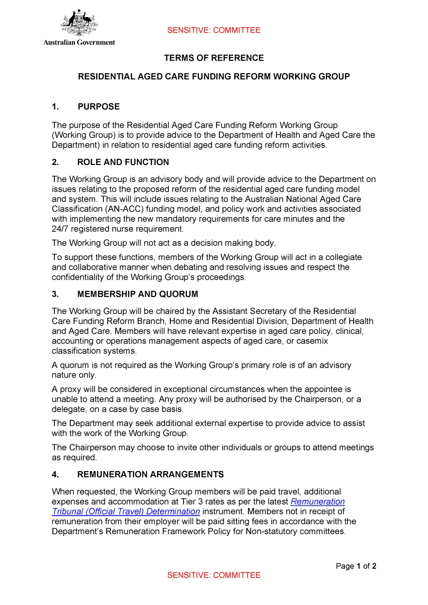 Residential Aged Care (RAC) Funding Reform Working Group Terms of Reference