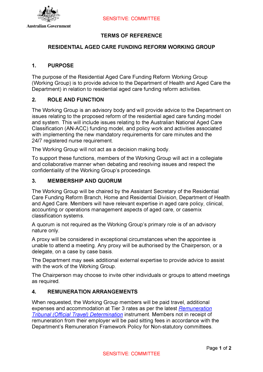 Residential Aged Care (RAC) Funding Reform Working Group Terms of Reference