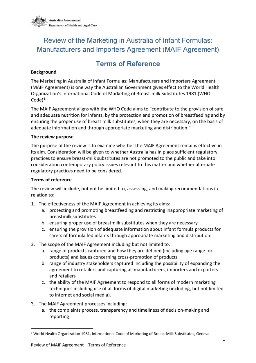 Terms of Reference - Review of the Marketing in Australia of Infant Formulas