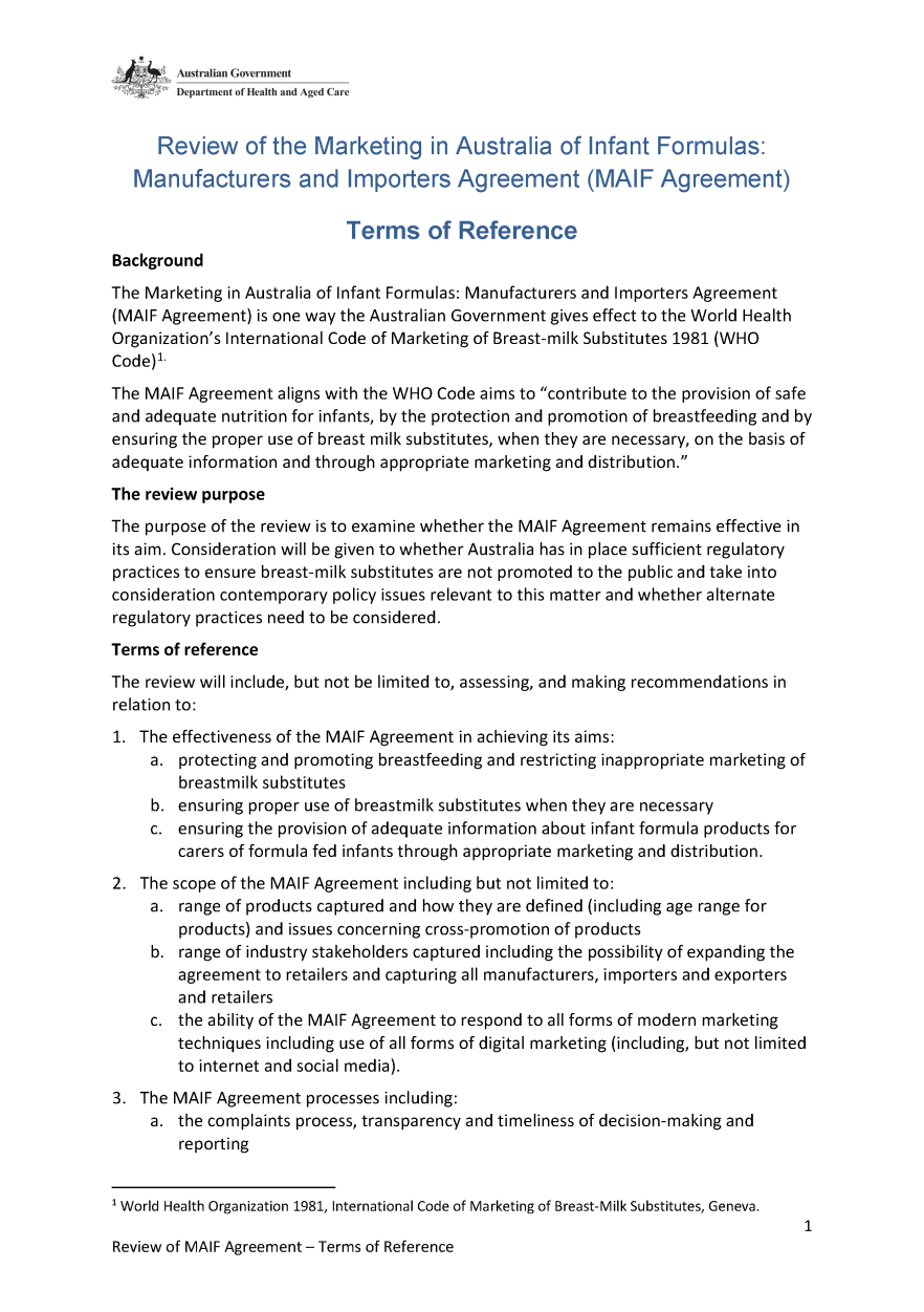 Terms of Reference - Review of the Marketing in Australia of Infant Formulas