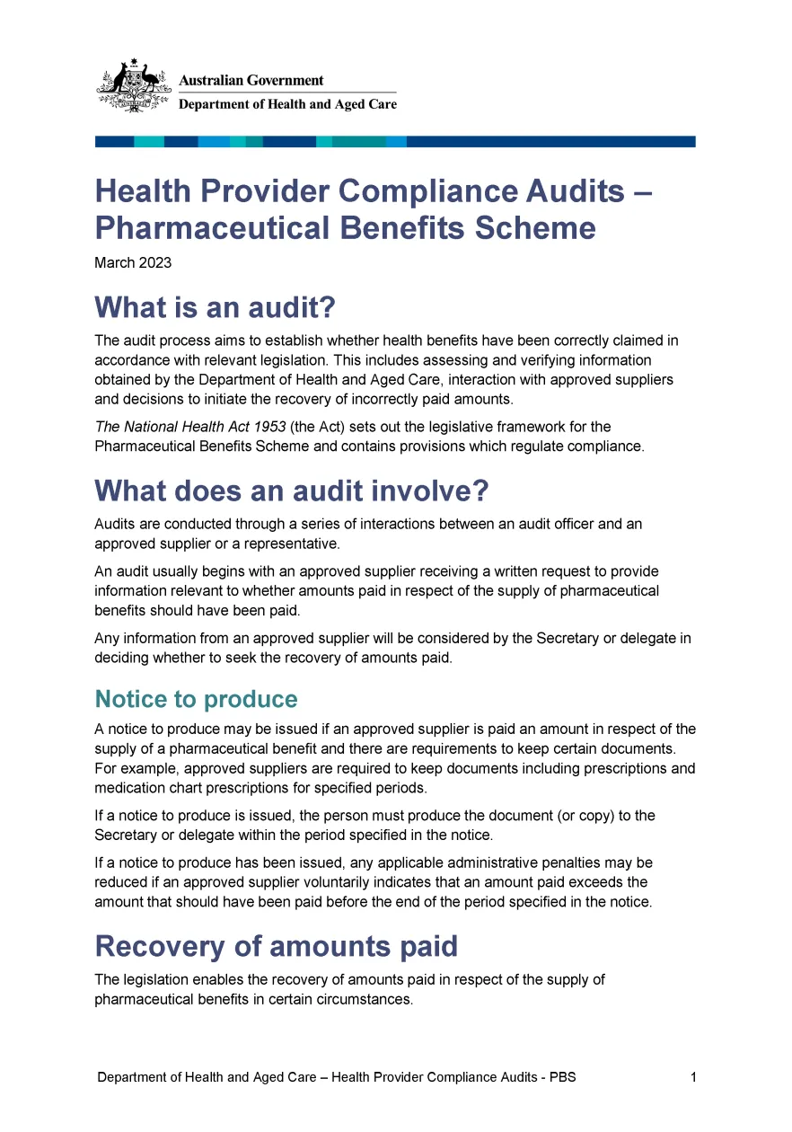 About the Pharmaceutical Benefits Scheme (PBS) audit process