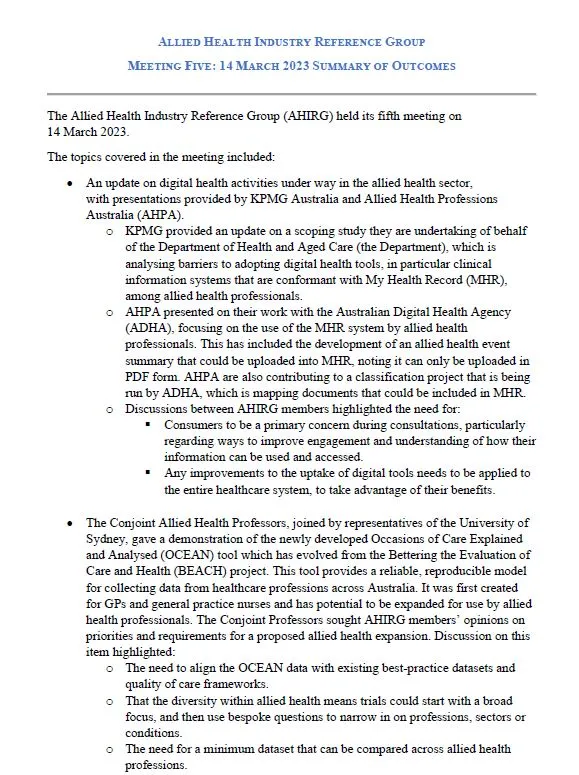 Cover page Allied Health Industry Reference Group – Summary of Outcomes – 14 March 2023
