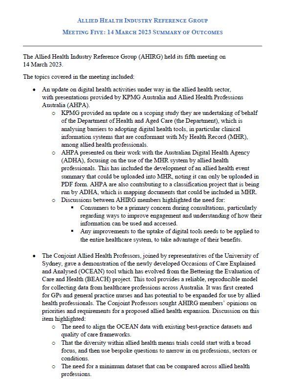 Cover page Allied Health Industry Reference Group – Summary of Outcomes – 14 March 2023