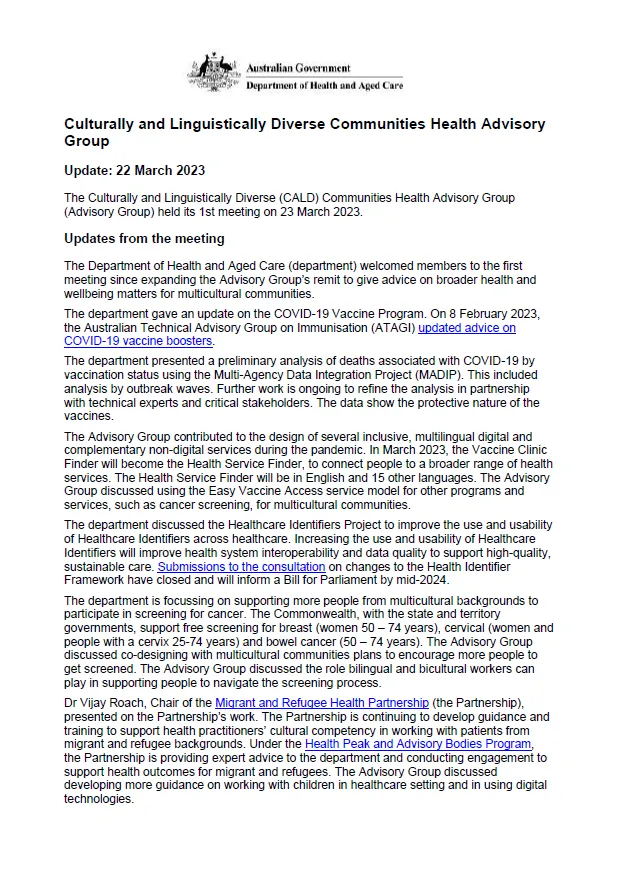 CALD COVID-19 Advisory Group communique – 22 March 2023