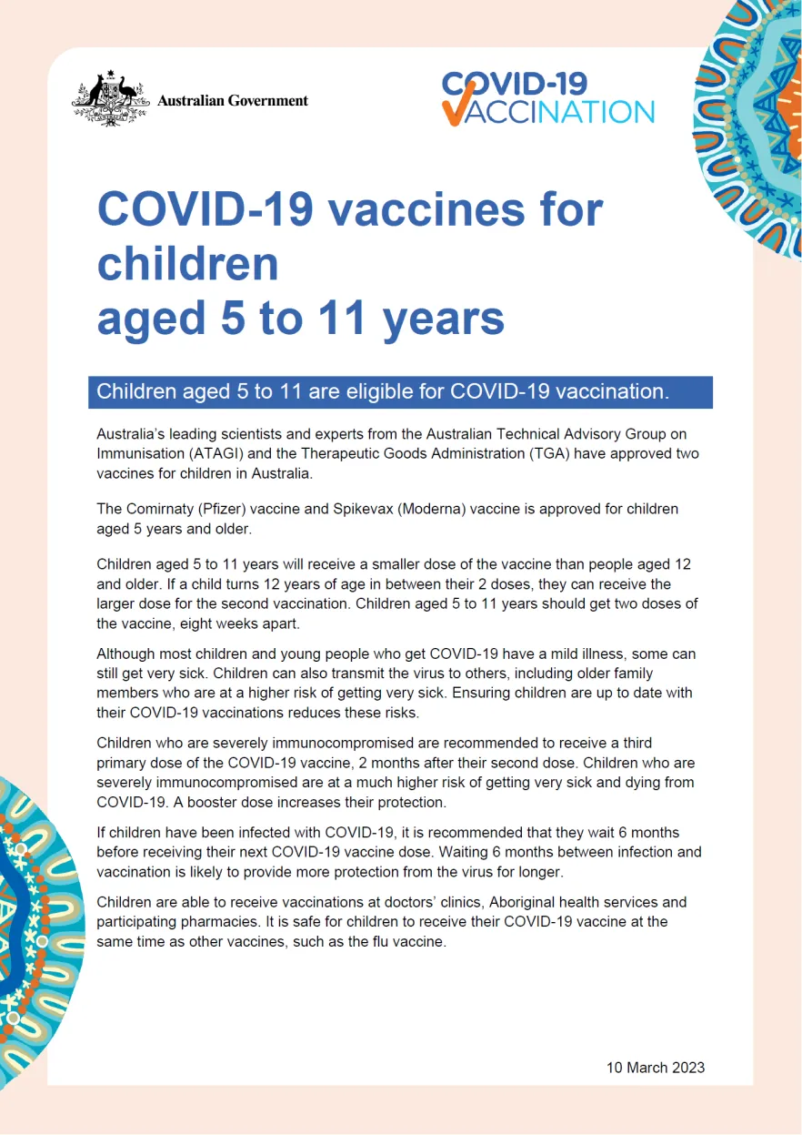 COVID-19 vaccination – COVID-19 vaccines approved for children aged 5 to 11 years (Aboriginal and Torres Strait Islander people)