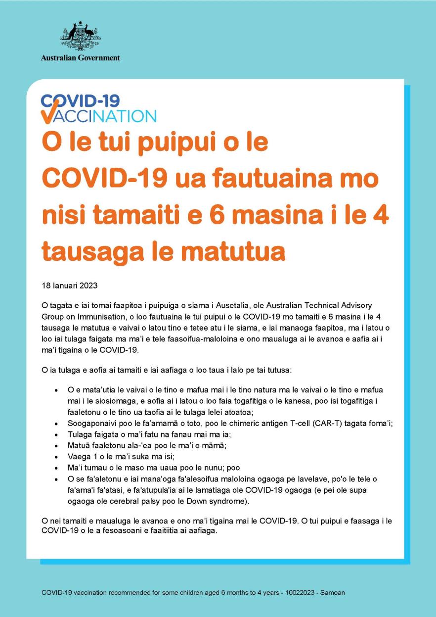 O le tui puipui o le COVID19 ua fautuaina mo nisi tamaiti e 6 masina i le 4 tausaga le matutua