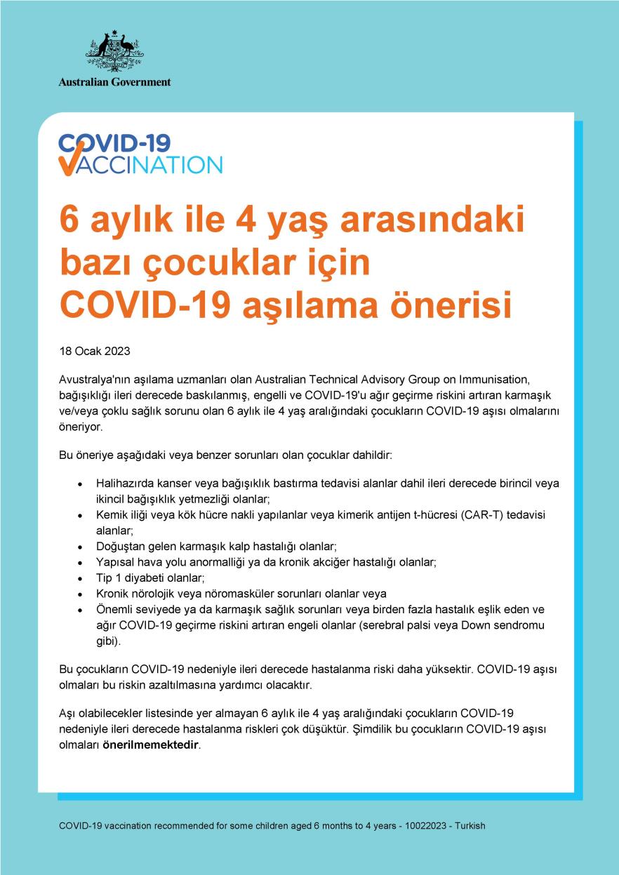 6 aylık ile 4 yaş arasındaki bazı çocuklar için COVID-19 aşılama önerisi