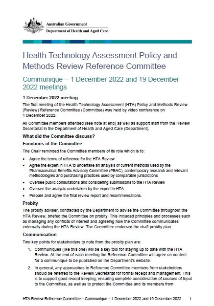 Cover page Health Technology Assessment Policy and Methods Review – Reference committee communique – 1 December 2022 and 19 December 2022