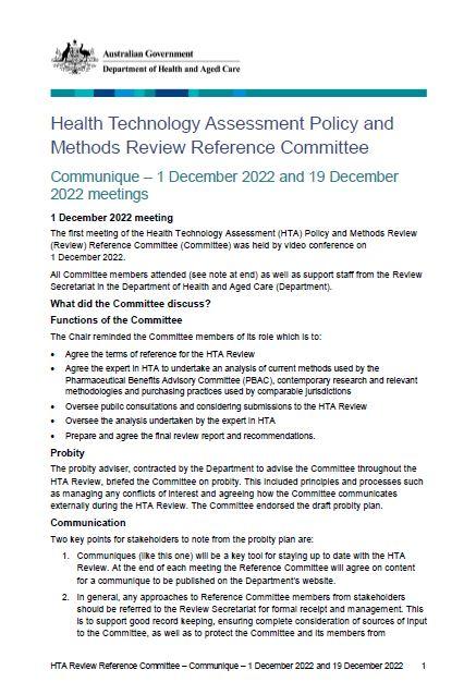 Cover page Health Technology Assessment Policy and Methods Review – Reference committee communique – 1 December 2022 and 19 December 2022