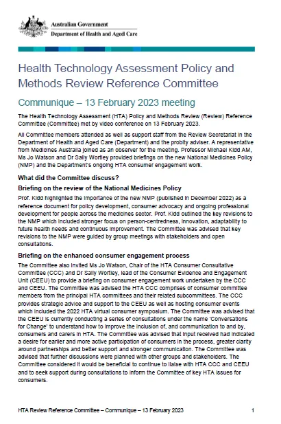 Cover page Health Technology Assessment Policy and Methods Review Reference Committee Communique – 13 February 2023 meeting