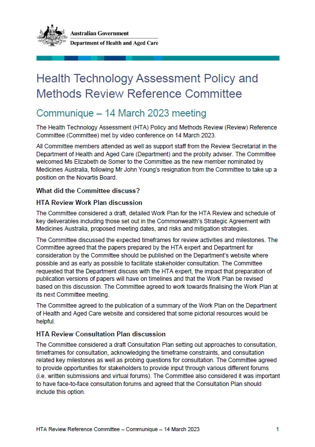 Health Technology Assessment Policy and Methods Review Reference Committee Communique – 14 March 2023 meeting