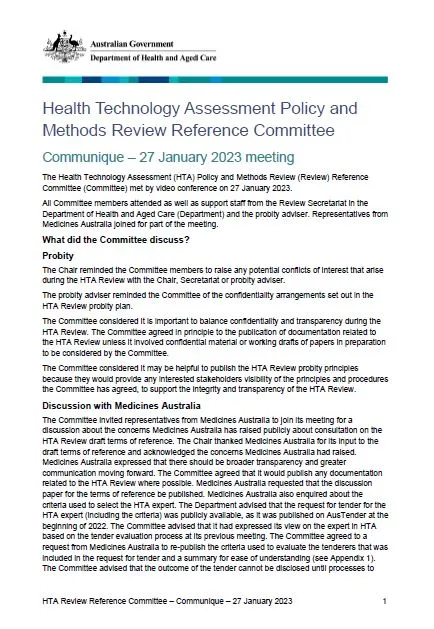 Cover page Health Technology Assessment Policy and Methods Review Reference Committee Communique – 27 January 2023 meeting